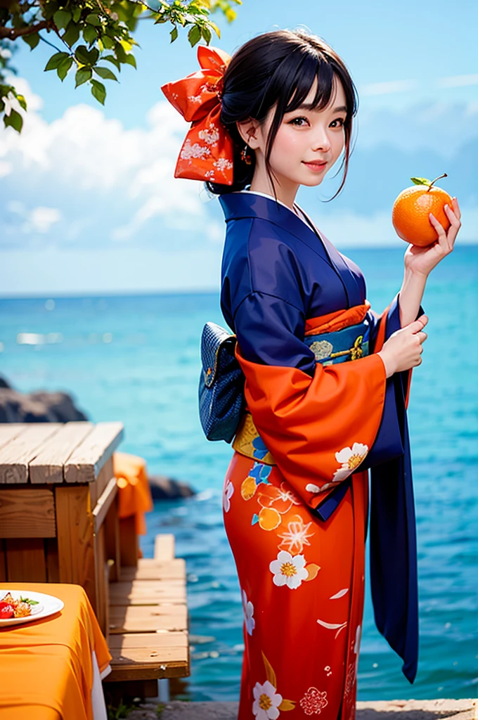 A smiling beautiful woman in a kimono holding an orange fruit under a blue sky bites into a slice of orange