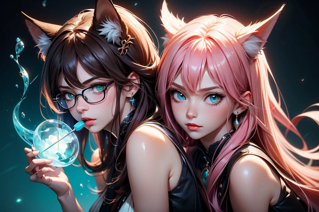 On the luxsurious sofa in seductive pose laying a female kitsune, she have red long hair with pink highlights, charming green eyes. tasty red lips, she dreessed in unbutten blouse, black short skirt high soking and snickers, also she wear glasses, she holding lollypop, she have four gorgeous magic fox tails, (ultra high quality fantasy art, magical fantasy style, masterpiece, ultra high quality character design, 8k quality anime art, realistic anime art, top quality wallpaper illustration, detailed ultra high quality accurate face, high quality design and accurate physic)