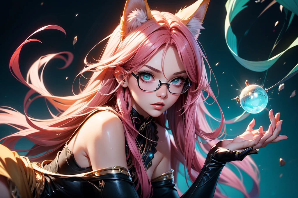 On the luxsurious sofa in seductive pose laying a female kitsune, she have red long hair with pink highlights, charming green eyes. tasty red lips, she dreessed in unbutten blouse, black short skirt high soking and snickers, also she wear glasses, she holding lollypop, she have four gorgeous magic fox tails, (ultra high quality fantasy art, magical fantasy style, masterpiece, ultra high quality character design, 8k quality anime art, realistic anime art, top quality wallpaper illustration, detailed ultra high quality accurate face, high quality design and accurate physic)