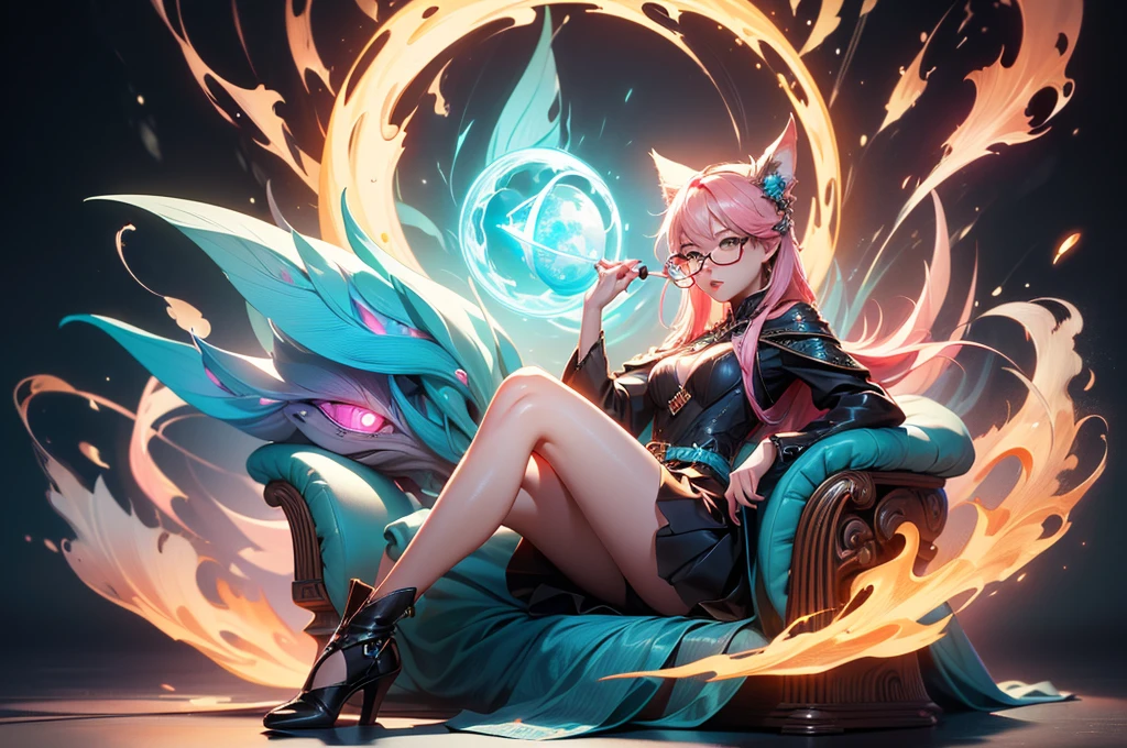 On the luxsurious sofa in seductive pose laying a female kitsune, she have red long hair with pink highlights, charming green eyes. tasty red lips, she dreessed in unbutten blouse, black short skirt high soking and snickers, also she wear glasses, she holding lollypop, she have four gorgeous magic fox tails, (ultra high quality fantasy art, magical fantasy style, masterpiece, ultra high quality character design, 8k quality anime art, realistic anime art, top quality wallpaper illustration, detailed ultra high quality accurate face, high quality design and accurate physic)