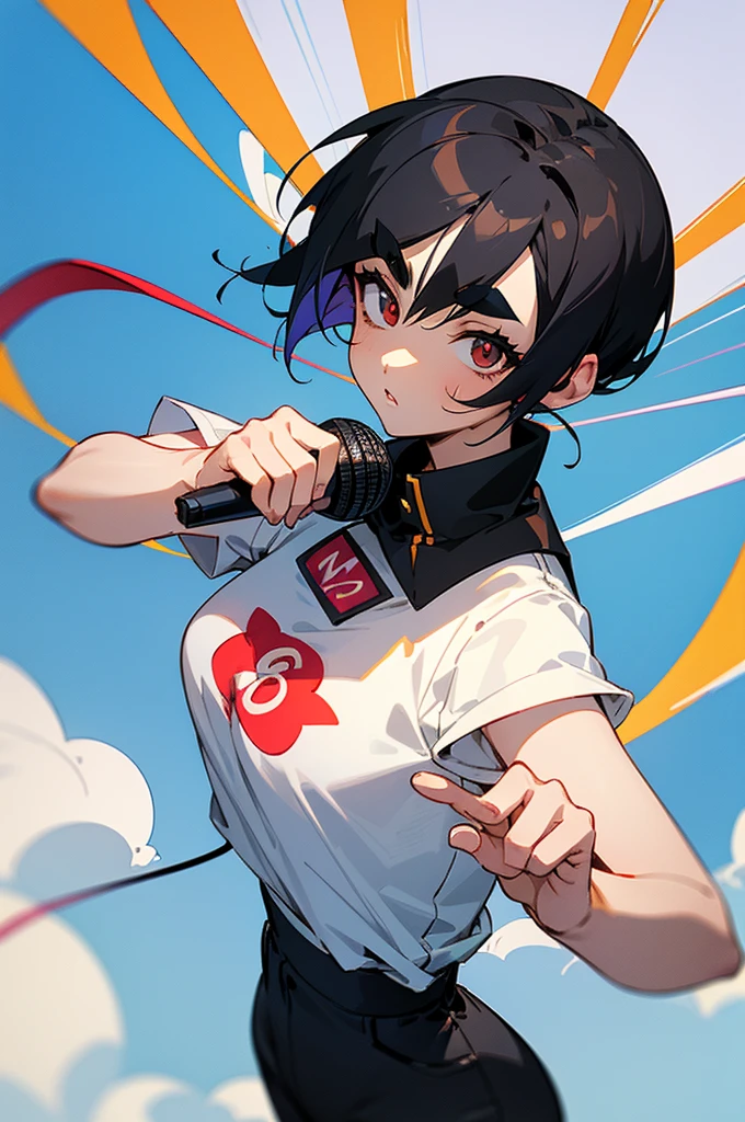 anime style,artistic, masterpiece,best quality,ssuper detailed,super fine illustration, highly detailed, dynamic angle, beautiful detailed, 8k,detailed background, On a summer afternoon, in a record studio, BREAK a female musician is singing in front of the viewer. She is wearing a white T-shirt with a graffiti art-style cat illustration and wearing black jacket,hot pants.Break very short hair,flat chest,black hair,red-eyes,(full-face brasched:1.3),perfect hands,perfect fingers,Tsurime,(thick eyebrows:1.3),holding microphone,headphones,