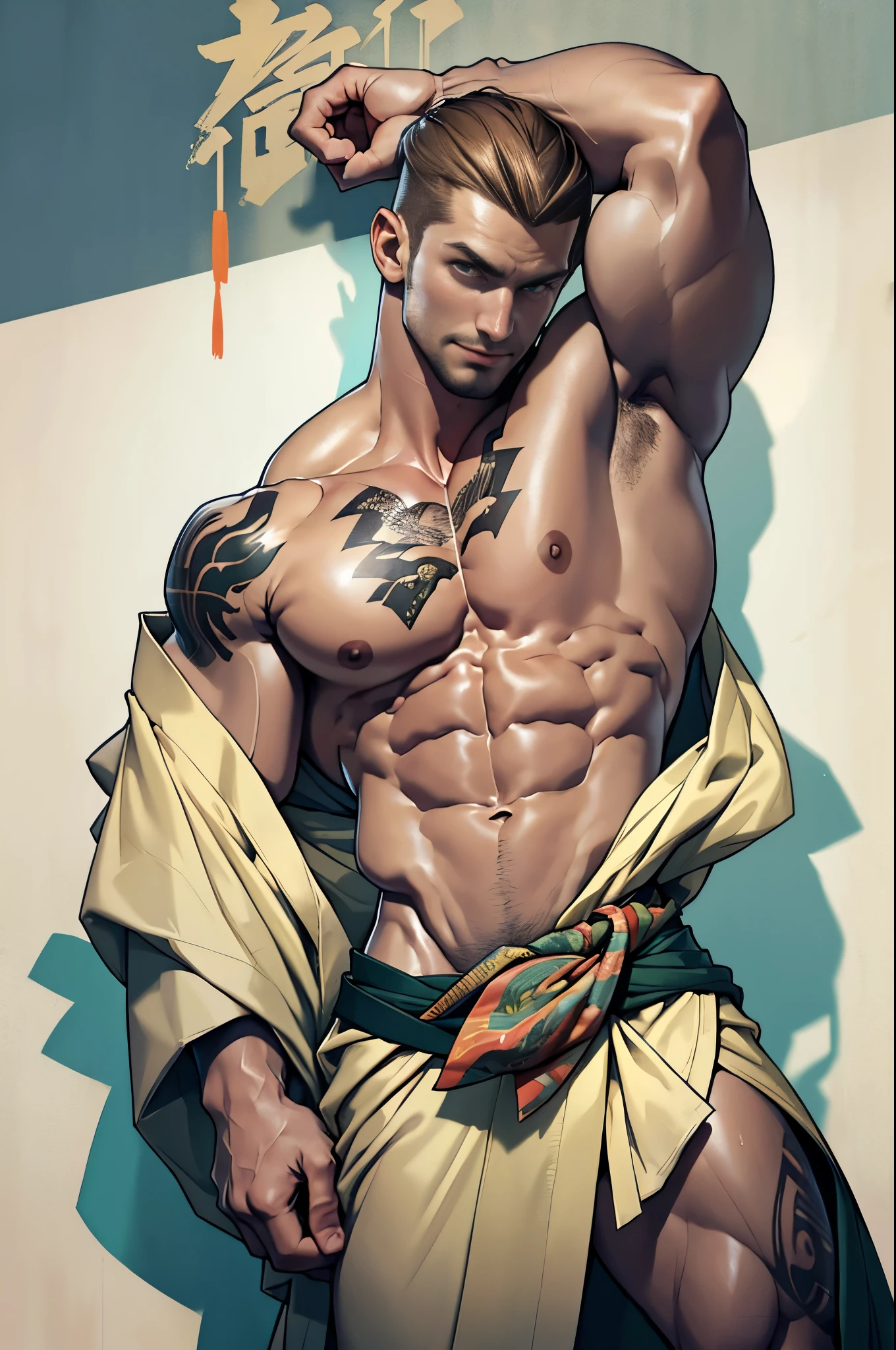 Handsome tall man, He is 28 years old,Thin waist,The pectoral muscles are well developed, He is 175cm tall,Weight 62 kg、yellow-green eyes、brown hair color、short hair、Shirtless、underwear、looking into camera,Gangster,Late Night,Lying in a Japanese-style room,kimono,Japanese totem tattoo,(super high angle shot),dangerous, Bad guy, epic