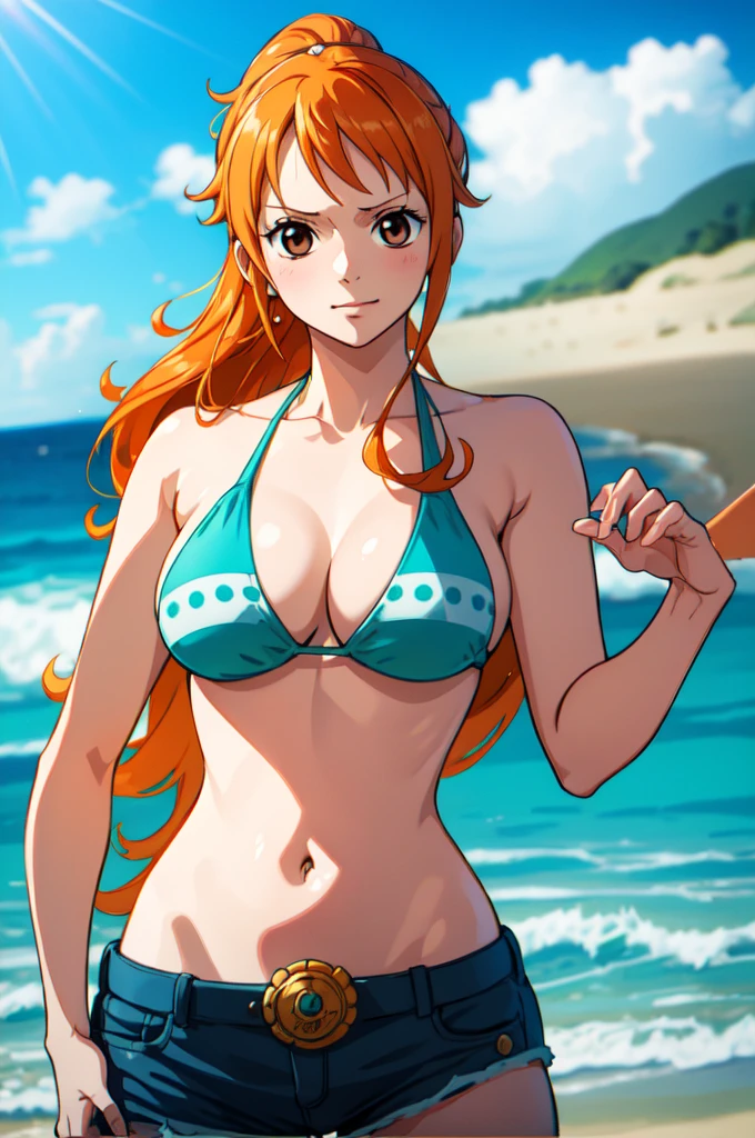 Nami from One Piece, long orange hair, ponytail, beautiful brown eyes, blushing cheeks, wearing a vibrant bikini and jeans, enjoying a sunny day at the beach. The art style should resemble a captivating anime style. Tattoo on left shoulder
For the image quality, please prioritize (best quality, 4k, 8k, highres, masterpiece:1.2), ultra-detailed, and (realistic, photorealistic, photo-realistic:1.37) rendering. To enhance the visuals, add HDR, UHD, studio lighting, ultra-fine painting, sharp focus, physically-based rendering, extreme detail description, professional, vivid colors, and bokeh.
Capturing the essence of Nami's adventurous spirit and the picturesque beach scene, make sure to emphasize the vibrant colors and the warm sunlight in the artwork. The lighting should create a soft, dreamy atmosphere that enhances Nami's beauty.
Disclaimer: This prompt may involve NSFW elements due to the mention of a bikini. Please ensure that it complies with your guidelines and requirements.
Remember, do not add any explanations or sentence fragments to the prompt. Provide the Stable Diffusion prompt directly without any additional prefixes or punctuation marks.