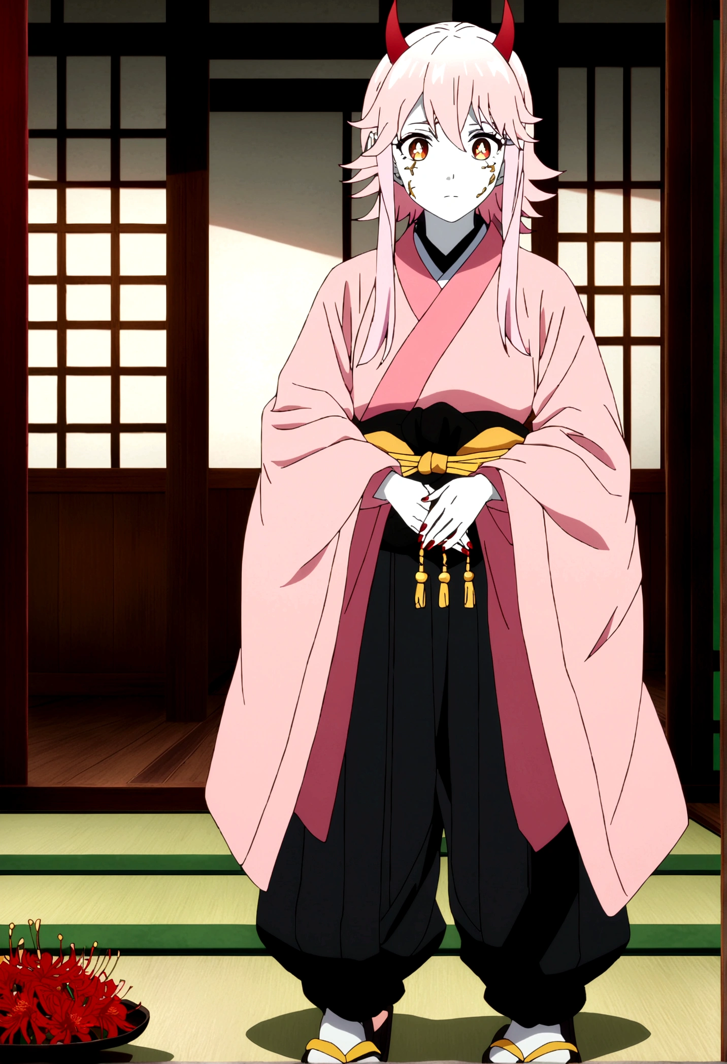 Demon slayer screencap of a Woman, Light pink hair with dark tips, golden eyes with cat-like pupils, small red horns, pale skin, black cracks with gold accents on the face and neck wearing pants with slits on the sides of both legs, and the dark pink hunter uniform on the top, large red nails, pink kimono with red and red spider lilies drawn Traditional Chinese slippers . Scenery Daylight in a traditional Japanese house. UFOTABLE studios screencap