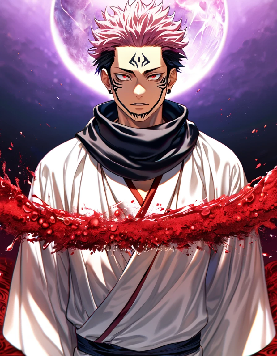 absurdres, highres, ultra detailed, HDR, masterpiece, best quality, Ryomen Sukuna, black hair, expressive red eyes, Jujutsu Kaisen, solo, sexy man, handsome, black scarf, white kimono, red blood water, purple moon, magical, pink hairs, yuji Itadori's body takeover