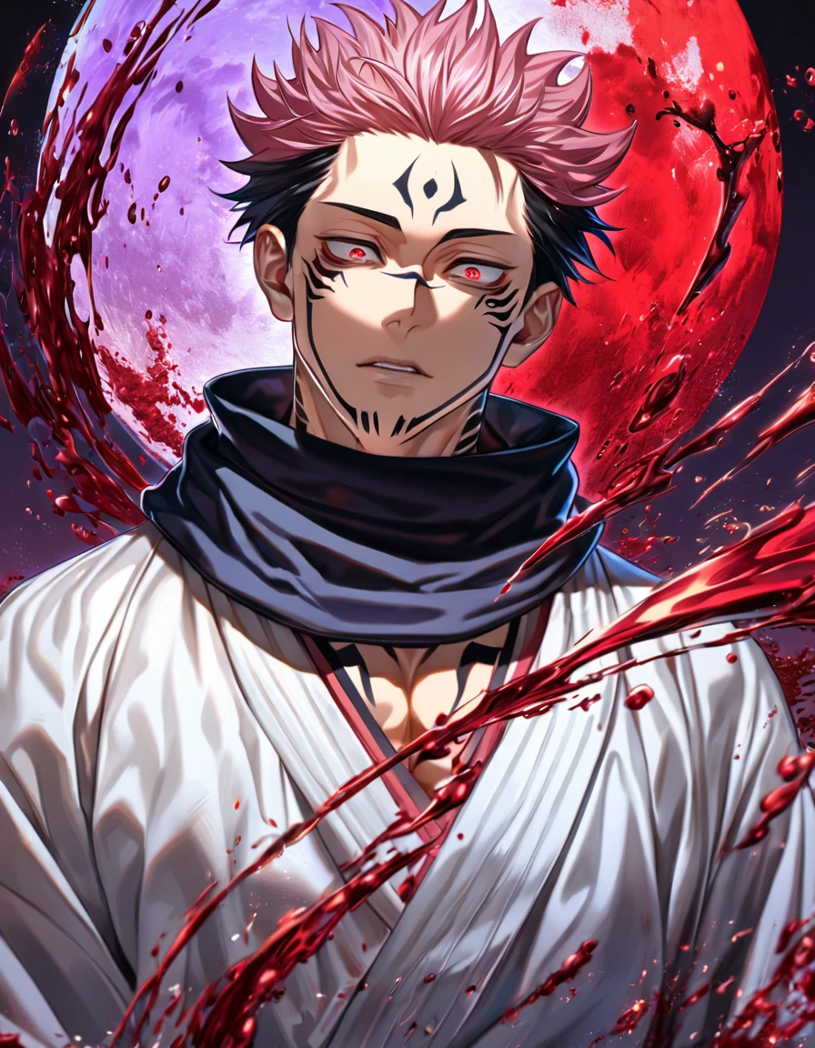 absurdres, highres, ultra detailed, HDR, masterpiece, best quality, Ryomen Sukuna, black hair, expressive red eyes, Jujutsu Kaisen, solo, sexy man, handsome, black scarf, white kimono, red blood water, purple moon, magical, pink hairs, yuji Itadori's body takeover