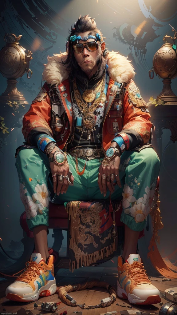 A closeup of a monkey sitting in a chair with a bag, black ray ban glasses, red and white Jordan air sneakers, trend in CGSsociety art, trend in CGSsociety, wojtek fus, trend in cgsociety, [ trend in cgsociety ]!!, hyperdetailed fantasy character, cgsociety and fenghua zhong, intricate wlop, ross tran 8 k, trend in artstation 4k,  stunning digital illustration, vignette