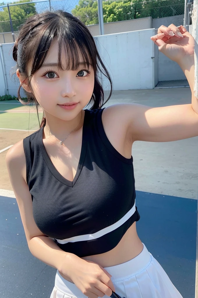 8K、High definition、Ultra Detail、Photorealistic、Realistic and accurate depiction、Realistic and accurate human anatomy、High resolution、Highest quality、Japanese beautiful girl、Highest quality, masterpiece, 超High resolution, (Realistic:1.4), RAW Photos, Girl playing tennis, , The most famous Japanese idols, playing tennis at tennis court, cuteデザインのテニスユニフォームを着て, 非常に美しいBlack Hairのショートカット, 最も人気のある日本のアイドルのような非常にcute顔, ((Very beautiful big black eyes)), Very beautiful skin, Very beautiful body, Dynamic Pose, An innocent smile, cuteデザインの詳細なテニスユニフォーム、Natural Makeup、Perfect Skin、Charm、Active、Black Hair、cute、The ultimate beautiful girl
