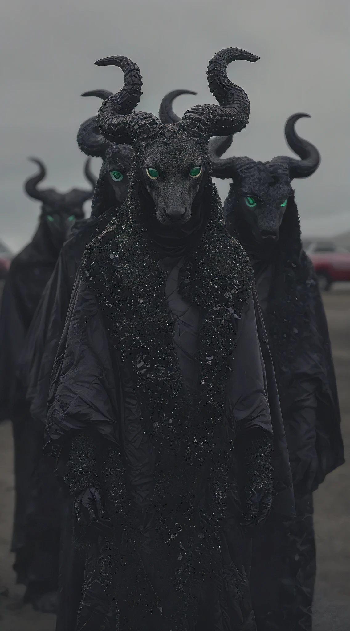 close shot liminal space, six full body horned demons with Constricted green eyes Pupils, made of dark quartz, Split open, at cult ritual, showcasing dak cancer inside. Iceland , deep liminal, near hundred red vintage cars in a parking, Surrealistic concept photography.