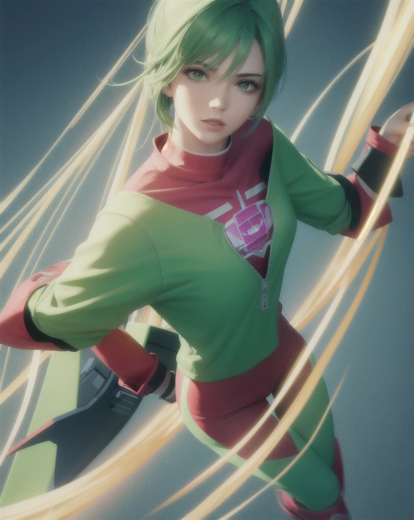 4k, realistic, carismatic, very detail, there is a girl on sky, wearing power ranger, she is power ranger, super hero theme, green hair, 25 years old, full body