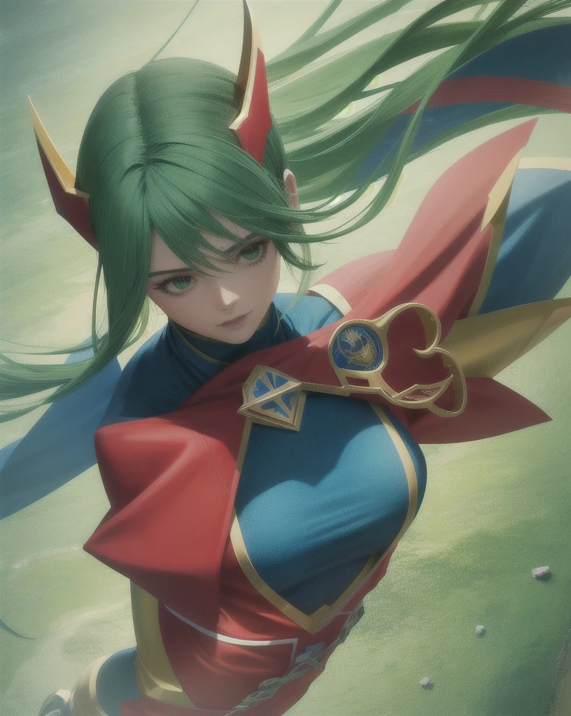 4k, realistic, carismatic, very detail, there is a girl on sky, wearing power ranger, she is power ranger, super hero theme, green hair, 25 years old, full body
