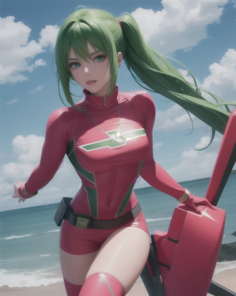 4k, realistic, carismatic, very detail, there is a girl on sky, wearing power ranger, she is power ranger, super hero theme, green hair, 25 years old, full body