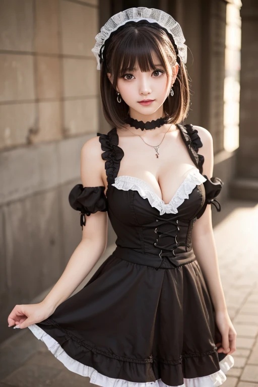 girl, White skin, ((Dark brown short tiered hair)), V cut with layers and bangs, Brown eyes, Soft atmosphere characteristics (Highest quality, Ultra-high resolution, 8K, RAW Photos, Ultra-high resolution: 1.2, masterpiece: 1.3), (Realistic, Realistic: 1.37), Very detailed, Professional Lighting, Photon Mapping, Radio City, 物理ベースレンダring, One Girl, (high school girl), Sharp focus:1.2、Beautiful woman:1.4,cute, Nice, Adorable, smile, Normal chest, Cross Necklace、Earrings、ring,(Cleavage)、Gothic ta Fashion, (((ピンクと黒のGothic Loliashion, ))),Lolita Fon,Belly button、((Dark brown short hair))、Long skirt、