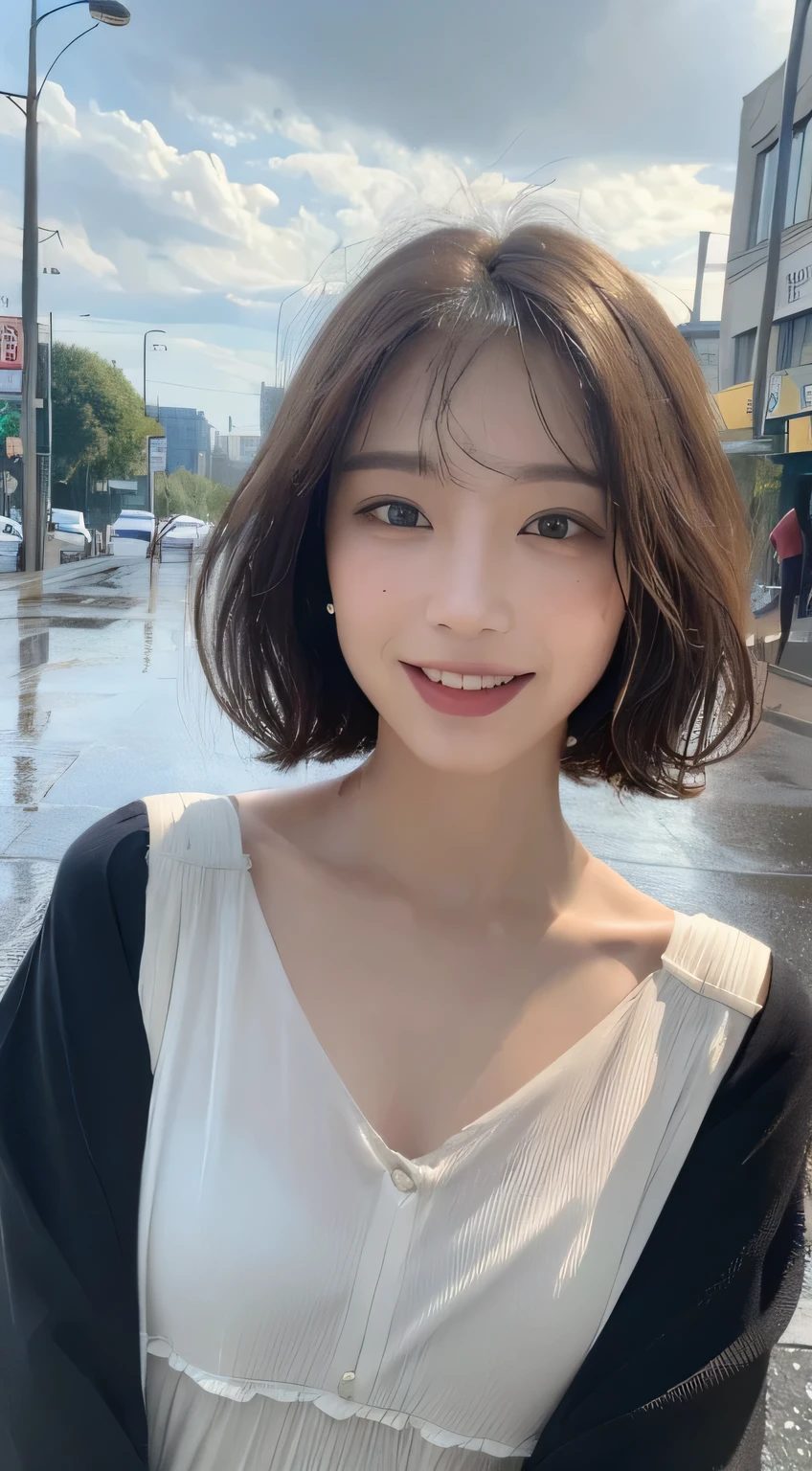 ((Highest quality, 8K, masterpiece:1.3)), concentrated: 1.2, Perfect Body Beauty: 1.4, Hips: 1.2, ((Layered Haircut, chest: 1.2)), (Wet clothes: 1.1), (rain, street:1.3), Bandeau dress: 1.1, Highly detailed face and skin texture, Beautiful Eyes, double eyelid, Whitening skin, Long Hair, (shut up: 1.3), smile