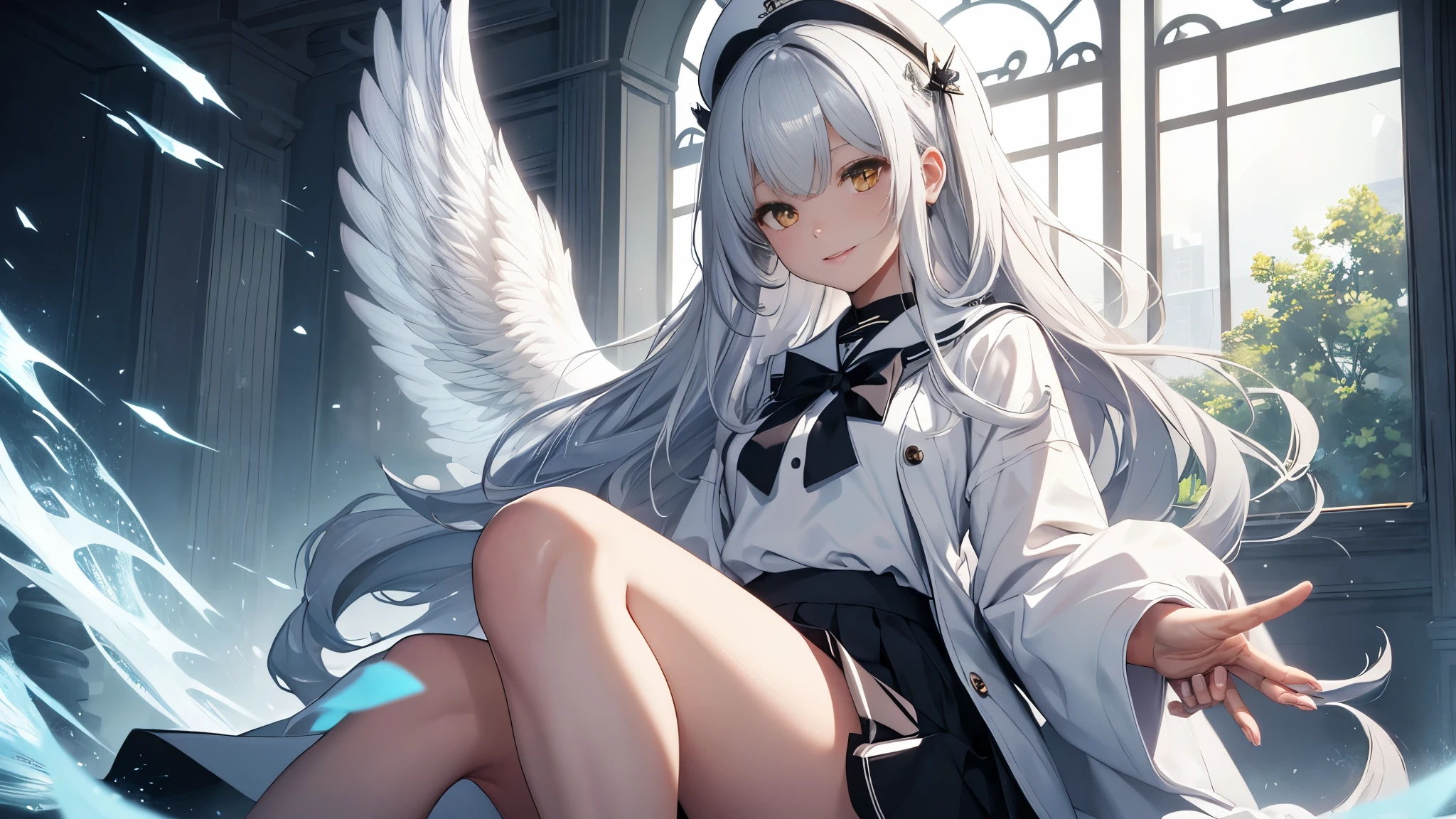 8k resolution, ((of the highest quality)), ((Masterpiece)), ((super detailed)), (very delicate and beautiful), with a girl, Alone, gentle expression, She is very(chill out)with(calm)Appearance,gray fur, Depth of written limits., bright smile, bright yellow eyes, bright white hair, beautiful background, Long Hair - Line Art, black skirt, White uniform like a sailor suit., angel, Angel's white wings, White feathers fluttering, Eyes that shine like amber, upper eye, wonderful eyes