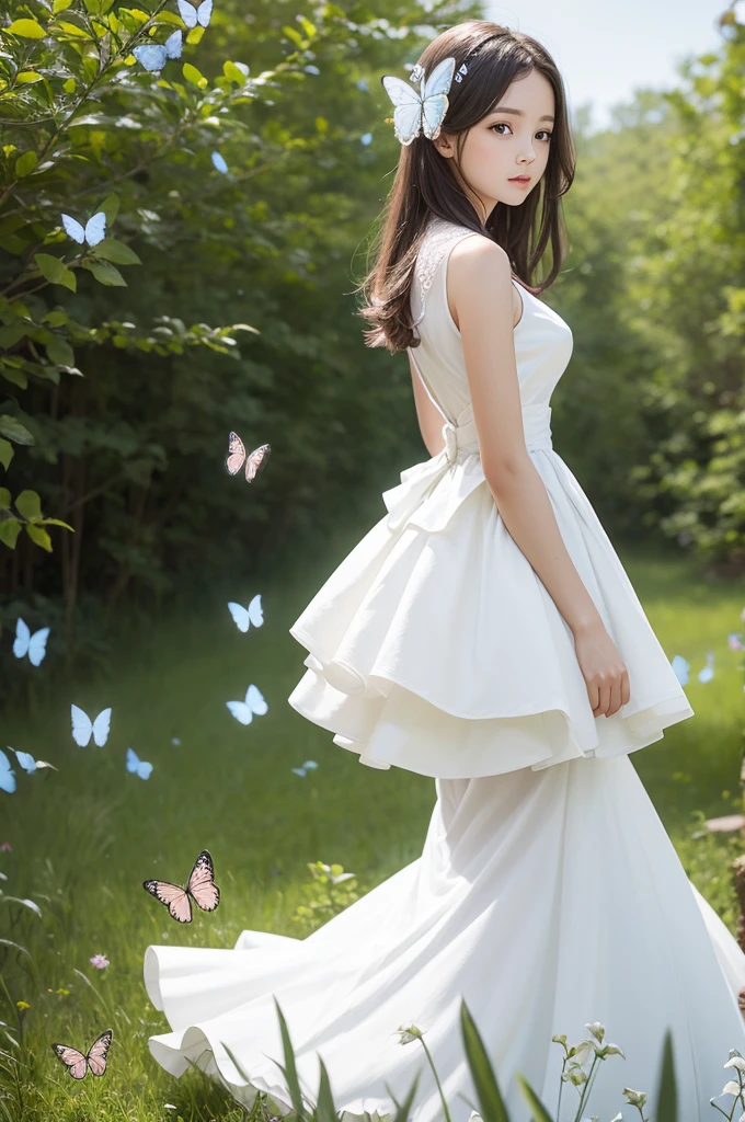  with a white dress in nature with butterflies
