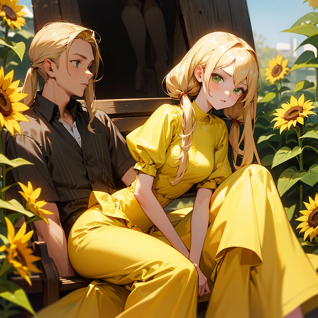 A 19-year-old girl sitting on a wooden bench. She is blonde with green eyes and has peach lips. Wears a swirly yellow dress. Her blonde hair is styled in pigtails. In her hands, she holds a sunflower. Beside him is a young man Long-haired and brown. He looks serious and calm, his gaze is lost on her.