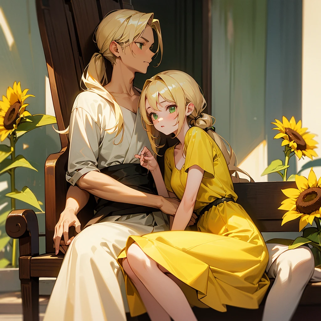 A 19-year-old girl sitting on a wooden bench. She is blonde with green eyes and has peach lips. Wears a swirly yellow dress. Her blonde hair is styled in pigtails. In her hands, she holds a sunflower. Beside him is a young man Long-haired and brown. He looks serious and calm, his gaze is lost on her.