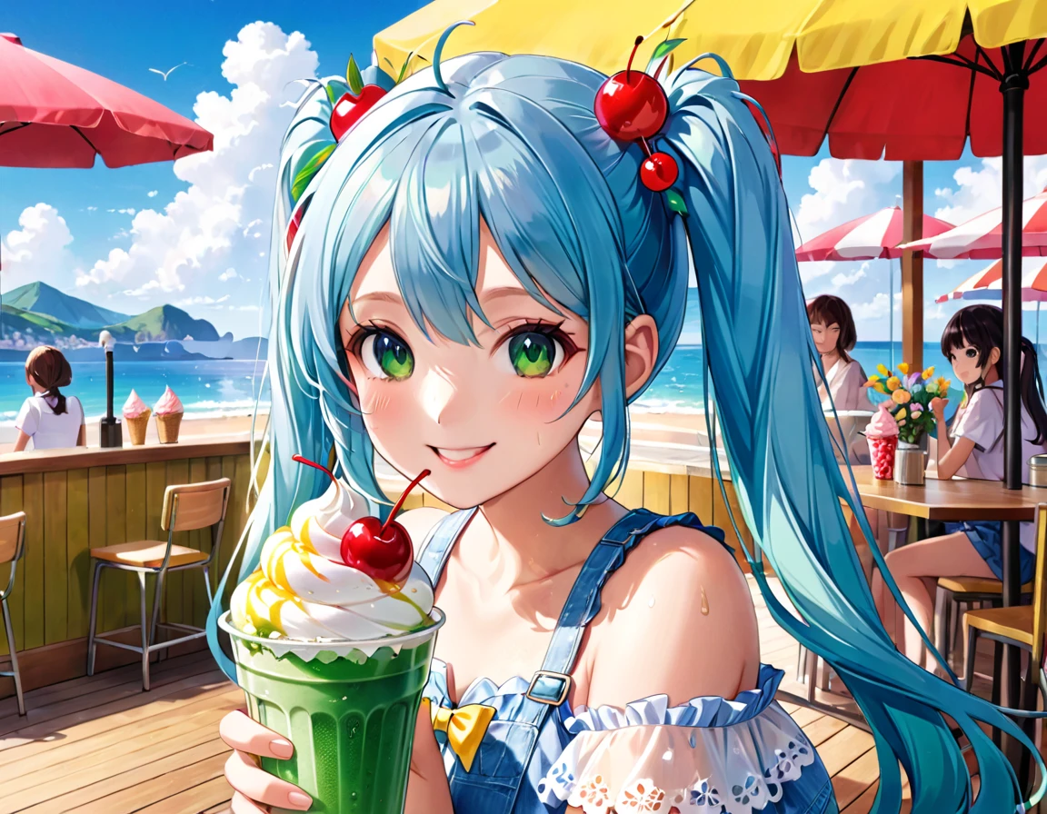 Ice cream and red cherry on a green drink in a seaside cafe decorated with flowers、girl, Light blue long hair、Beautiful girl with twin tails、Bright smile、cream soda、Cute realistic portrait, かわいいgirlのアニメビジュアル, ソーダをテーマにしたgirl, かわいいアニメのgirl,With a straw, Splash art anime