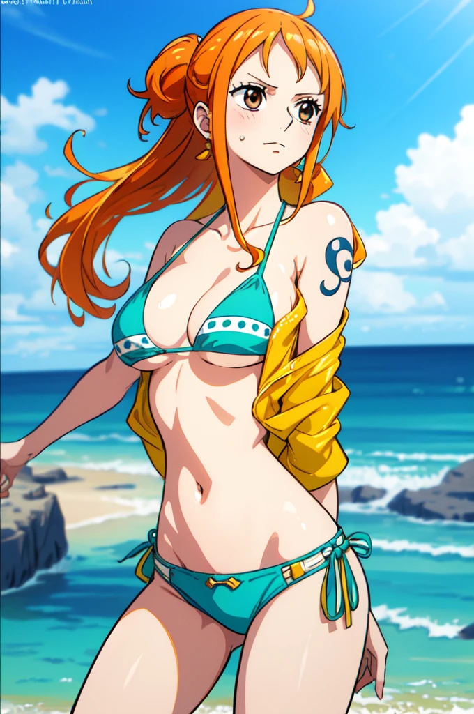Nami from One Piece, long orange hair, ponytail, beautiful brown eyes, blushing cheeks, wearing a white bikini and jeans, enjoying a sunny day at the beach. The art style should resemble a captivating anime style. Tattoo on left shoulder
For the image quality, please prioritize (best quality, 4k, 8k, highres, masterpiece:1.2), ultra-detailed, and (realistic, photorealistic, photo-realistic:1.37) rendering. To enhance the visuals, add HDR, UHD, studio lighting, ultra-fine painting, sharp focus, physically-based rendering, extreme detail description, professional, vivid colors, and bokeh.
Capturing the essence of Nami's adventurous spirit and the picturesque beach scene, make sure to emphasize the vibrant colors and the warm sunlight in the artwork. The lighting should create a soft, dreamy atmosphere that enhances Nami's beauty.
Disclaimer: This prompt may involve NSFW elements due to the mention of a bikini. Please ensure that it complies with your guidelines and requirements.
Remember, do not add any explanations or sentence fragments to the prompt. Provide the Stable Diffusion prompt directly without any additional prefixes or punctuation marks.