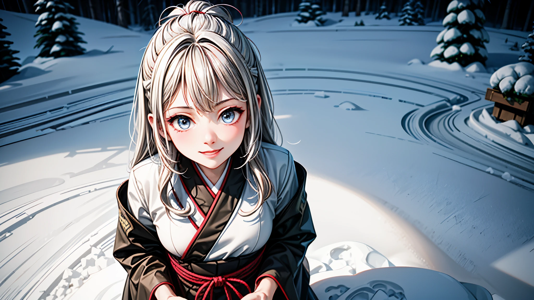 girl.cholerous,pastel,beautiful,beautiful,negro,Star,Galaxy,kimono,by white,beautiful eyes,raw photo,Best Quality,realist,GOOD,happy,SMILE,Top view,1 giant breasted girl,small underlying figure,long white hair,sports portrait,adorable,Yuki,snowy mountains,Snowboard NSFW,korea