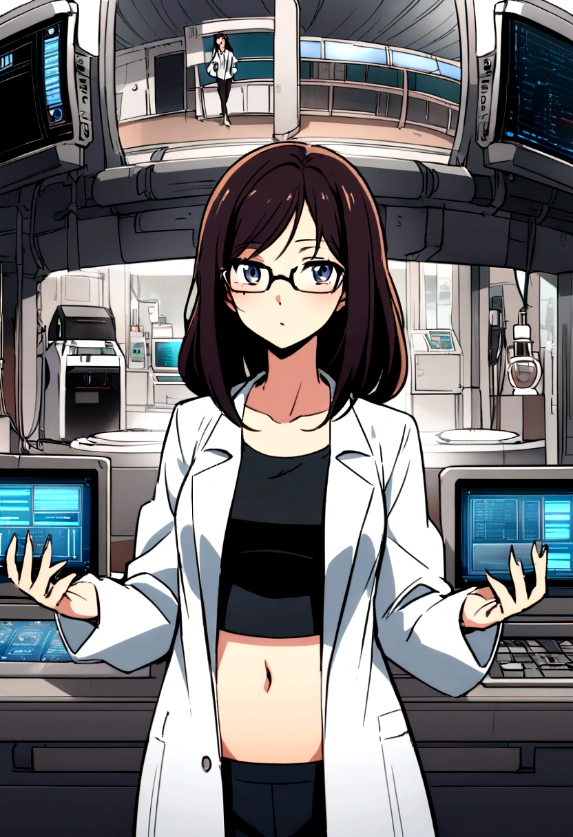 an anime style illustration of a woman in an environment that appears to be a laboratory or technological control room. The woman has long dark hair, and wears glasses. His clothing includes an open lab coat, a crop top that reveals her abdomen and underwear. Environment details include technological equipment and screens, suggesting a scientific or technical context. Illustration highlights exaggerated physical features, typical of some styles of anime aimed at an adult audience.