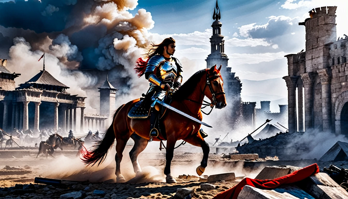 HDR, BEST IMAGE, A WARRIOR SOLDIER WITH SWORD AND WHITE COVER RIDING ON A RED HORSE, IN FRONT OF THE WRECKAGE OF CITY CIVILIZATION, FALLEN TOWERS, WRECKAGE, SMOKE, COLOR IMAGE, RUINS ON THE GROUND, FIRE, RED HORSE