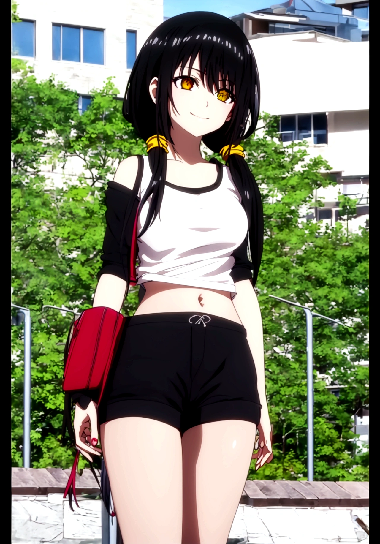 ultra-detailed,highly detailed,best quality,masterpiece,illustration
1girl, ((tokisaki kurumi)), cosplay, hair over one eye, (right red eye, left yellow eye), looking at viewer, happy girl, low twintails, ((t-shirts)), (((black hotpants))), hair rings, loafers,
(Outdoors) , walking, beach
