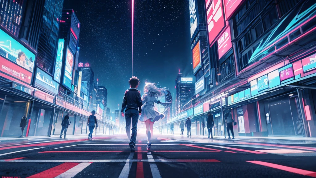 Two anime characters (a boy and a girl) running together through vibrant city streets at night, illuminated by neon lights. They are full of determination and hope, chasing their dreams under the colorful glow of the cityscape. The background features tall skyscrapers, bustling streets, and an atmosphere filled with mystery and adventure. Their expressions are passionate and driven, with hearts on fire, symbolizing their unstoppable spirit. Above them, a dark sky filled with stars represents the eternal sky where they belong. As they run, the first light of dawn begins to break, hinting at a new day and endless possibilities. The scene conveys a sense of unity, resilience, and the pursuit of dreams, with dynamic lighting and vibrant colors highlighting their journey.