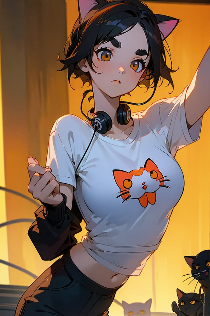 anime style,artistic, masterpiece,best quality,ssuper detailed,super fine illustration, highly detailed, dynamic angle, beautiful detailed, 8k,detailed background, On a summer afternoon, in a record studio, BREAK a female musician is singing in front of the viewer. She is wearing a white T-shirt with a graffiti art-style cat illustration and wearing black jacket,hot pants.Break very short hair,flat chest,black hair,red-eyes,(full-face brasched:1.3),perfect hands,perfect fingers,Tsurime,(thick eyebrows:1.3),holding microphone,headphones,(Cat T Shirts LoRA:1.2)