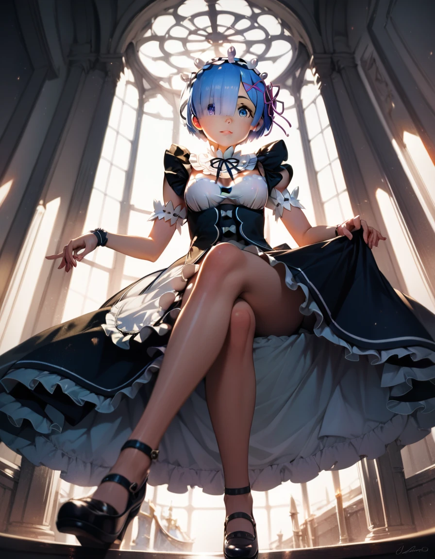 score_9, score_8_up, score_7_up, (masterpiece, best quality, very aesthetic, ultra detailed, source anime, anime, intricate details), rem_\(re:zero\)
blue_eyes,hair_over_one_eye,short_hair,blue_hair,hair_ribbon,roswaal_mansion_maid_uniform, 1girl, solo, sitting, crossed legs, from below