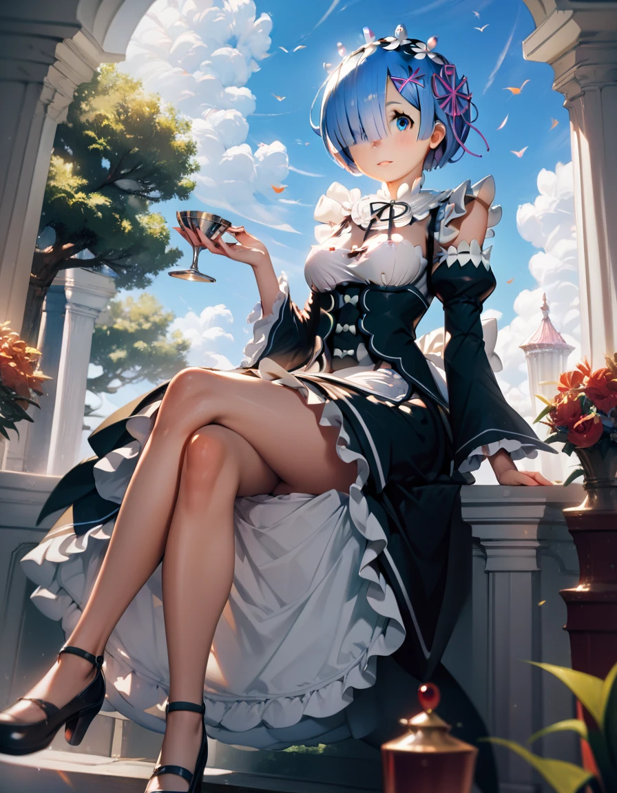 score_9, score_8_up, score_7_up, (masterpiece, best quality, very aesthetic, ultra detailed, source anime, anime, intricate details), rem_\(re:zero\)
blue_eyes,hair_over_one_eye,short_hair,blue_hair,hair_ribbon,roswaal_mansion_maid_uniform, 1girl, solo, sitting, crossed legs, from below
