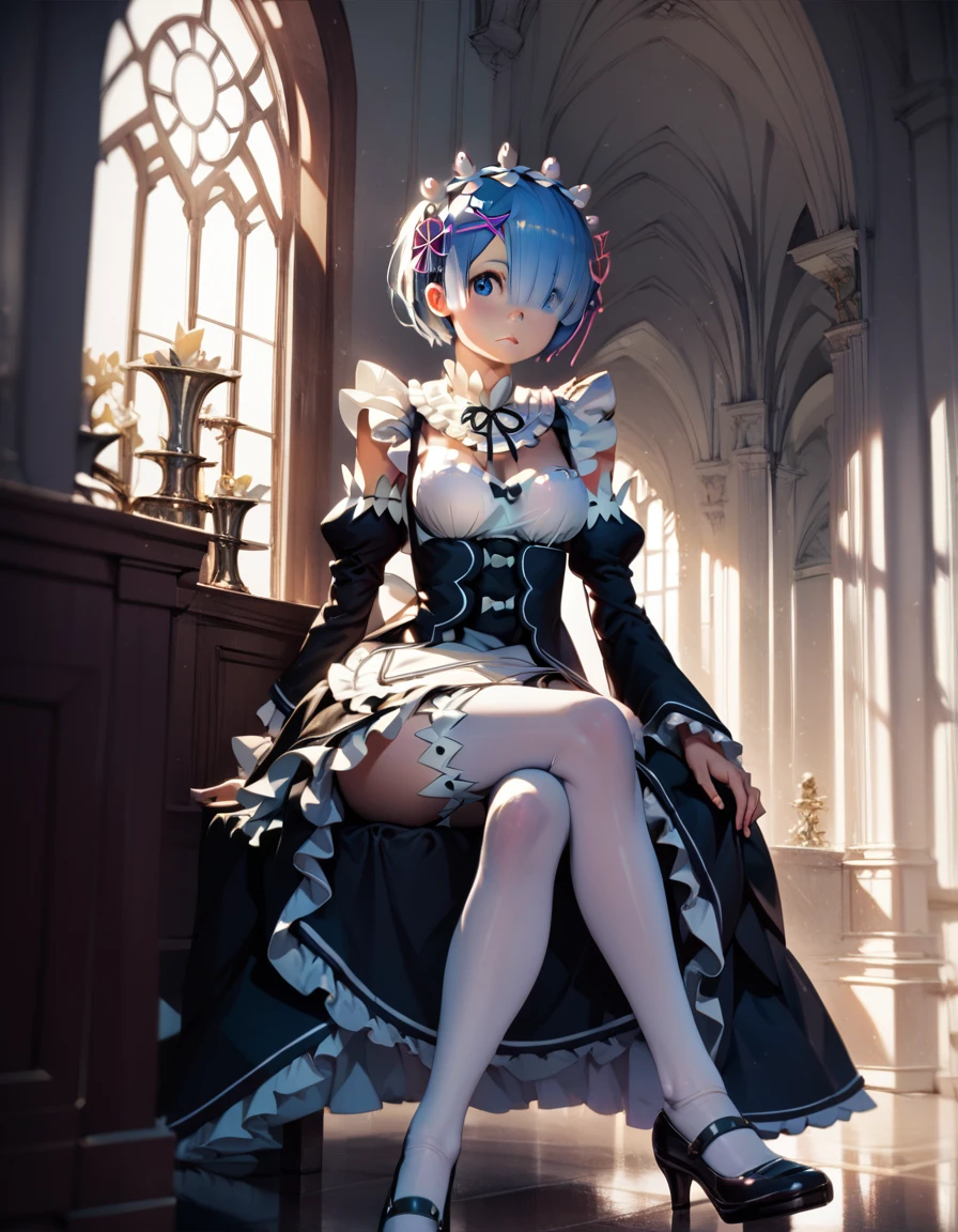 score_9, score_8_up, score_7_up,  (masterpiece, best quality, very aesthetic, ultra detailed, source anime, anime, intricate details), rem_\(re:zero\)
blue_eyes,hair_over_one_eye,short_hair,blue_hair,hair_ribbon,roswaal_mansion_maid_uniform, 1girl, solo, sitting, crossed legs, from below