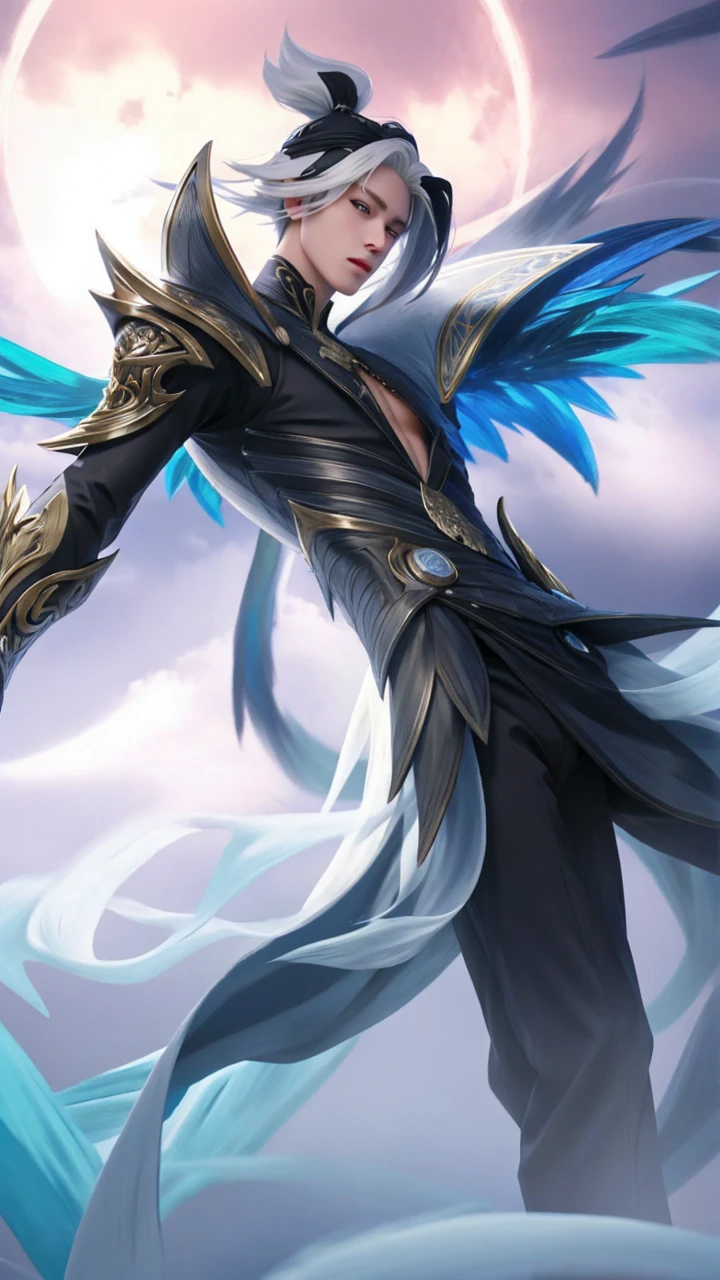 Boy, white hair, blue eyes, sharp, serious features, white skin, black sweater