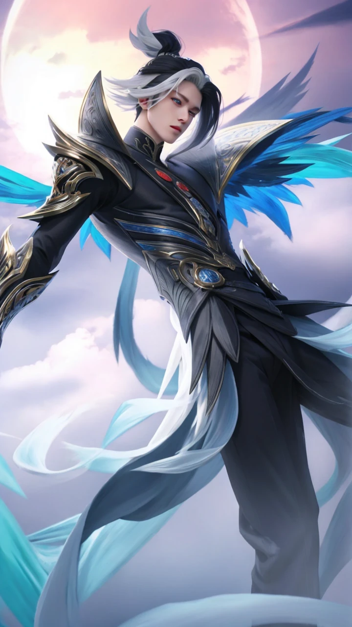 Boy, white hair, blue eyes, sharp, serious features, white skin, black sweater