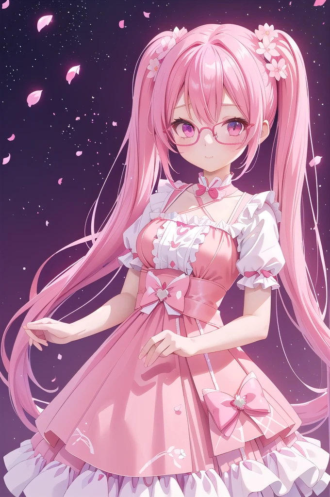 anime girl with pink hair and glasses in a red dress, anime moe artstyle, pink twintail hair and cyan eyes, my dress up darling anime, , made with anime painter studio, 8k!!, sakura petals around her, anime styled 3d, sakura kinomoto, gapmoe yandere, stylized anime, anime stylized