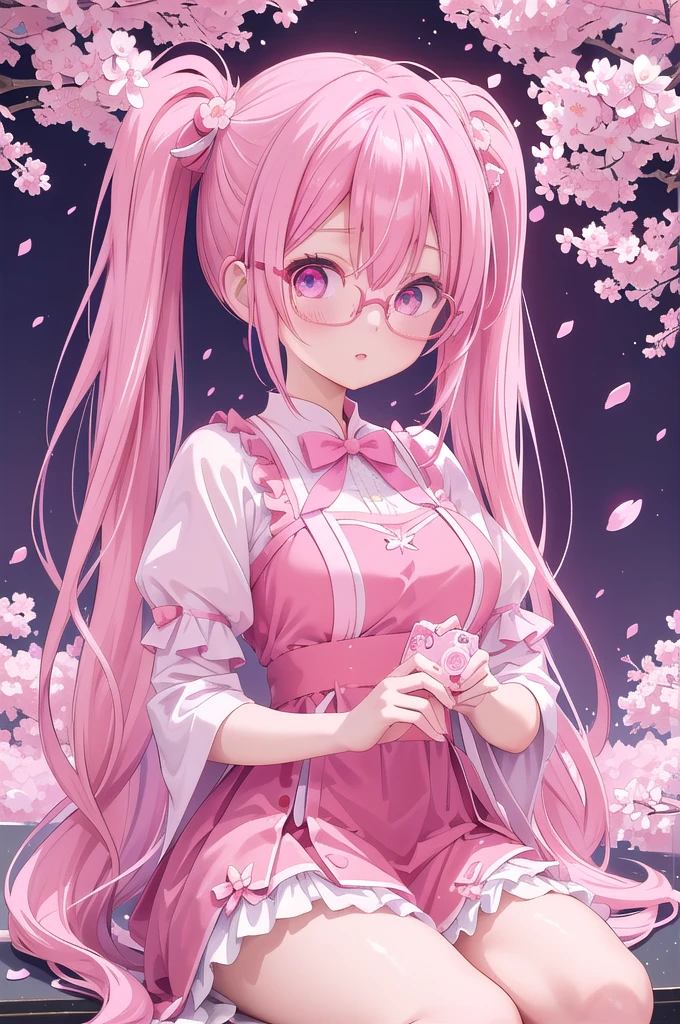 anime girl with pink hair and glasses in a red dress, anime moe artstyle, pink twintail hair and cyan eyes, my dress up darling anime, , made with anime painter studio, 8k!!, sakura petals around her, anime styled 3d, sakura kinomoto, gapmoe yandere, stylized anime, anime stylized