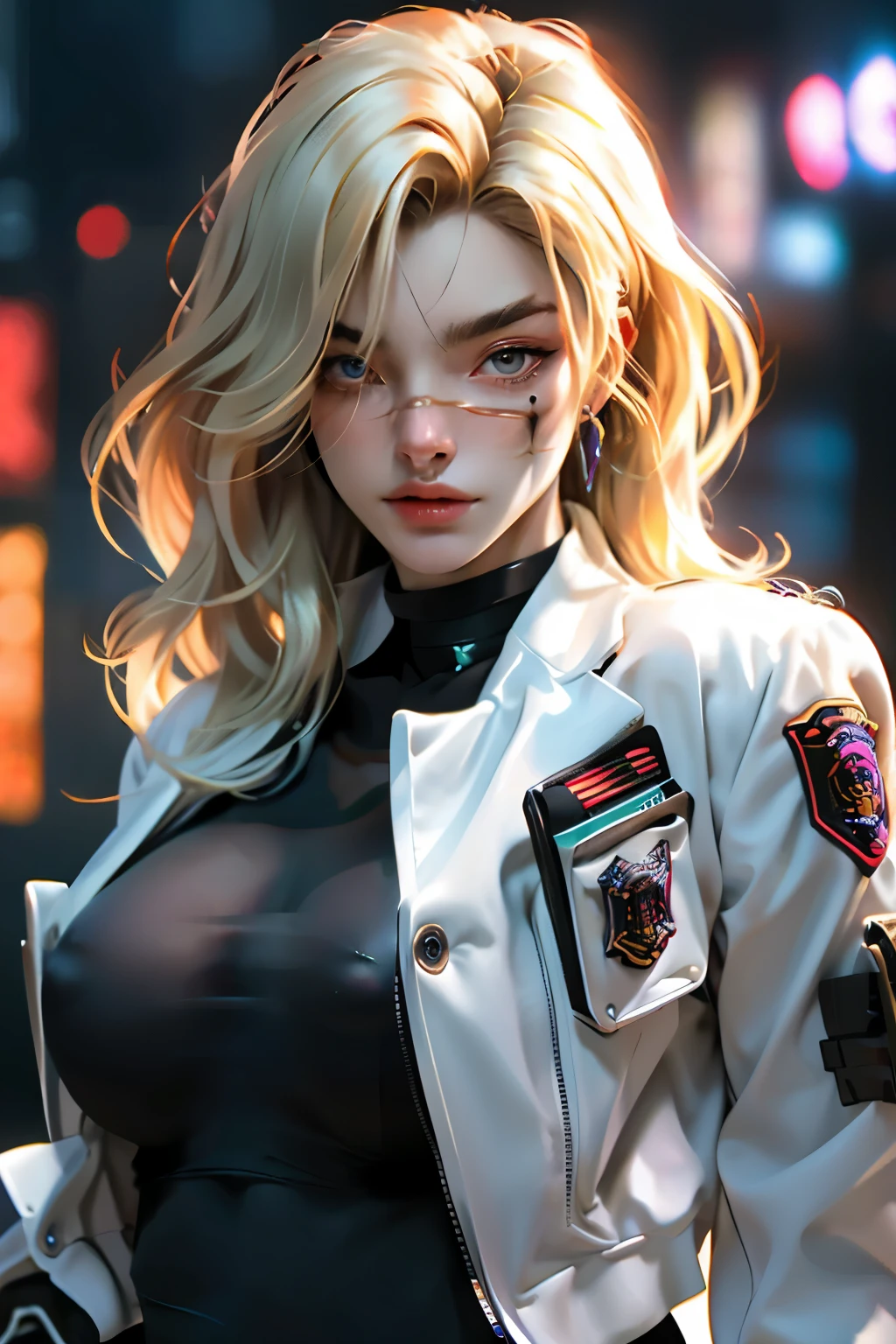 ((best quality)), ((Masterpiece)), (details:1.4), 3d, Image of a beautiful cyberpunk woman., HDR (high dynamic range), mature woman, Big breasts Long hair, blonde hair, future police, PBR surface, After processing, Anisotropic filtration,depth of field, Maximum clarity and clarity, multi-layered surface, perfect proportions, 8K raw files, future world, at night, Scars on the face,