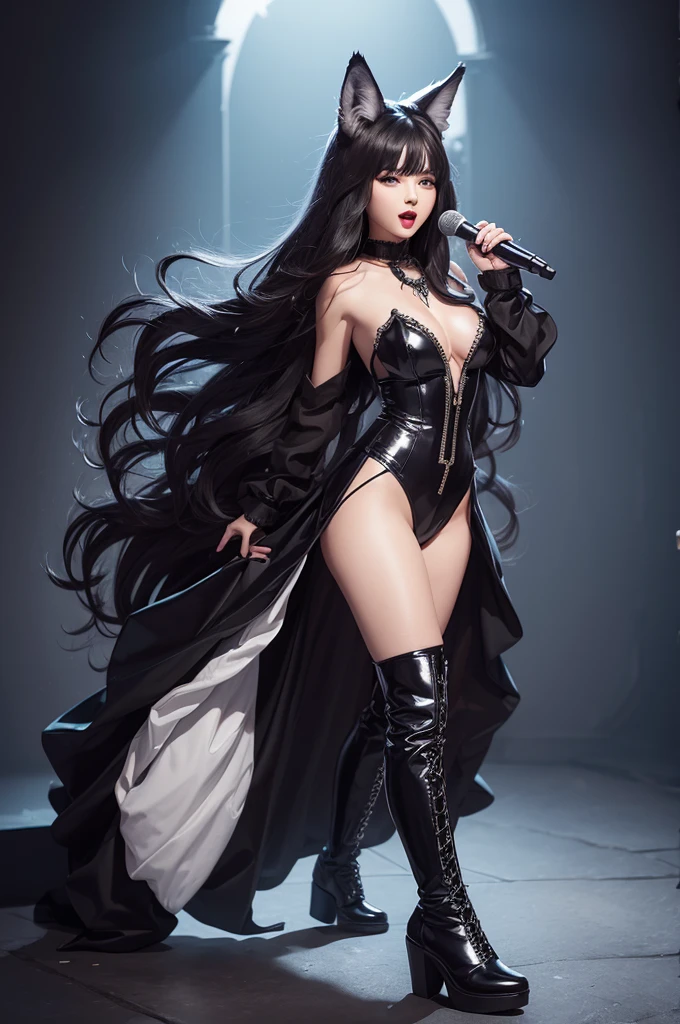 a wolf singing wearing high boots, shiny clothes and dark hair, Body cute, smooth face digital art