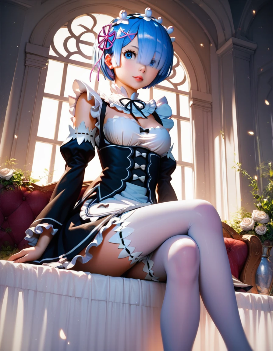 score_9, score_8_up, score_7_up, (masterpiece, best quality, very aesthetic, ultra detailed, source anime, anime, intricate details), rem_\(re:zero\)
blue_eyes,hair_over_one_eye,short_hair,blue_hair,hair_ribbon,roswaal_mansion_maid_uniform, 1girl, solo, sitting, crossed legs, from below