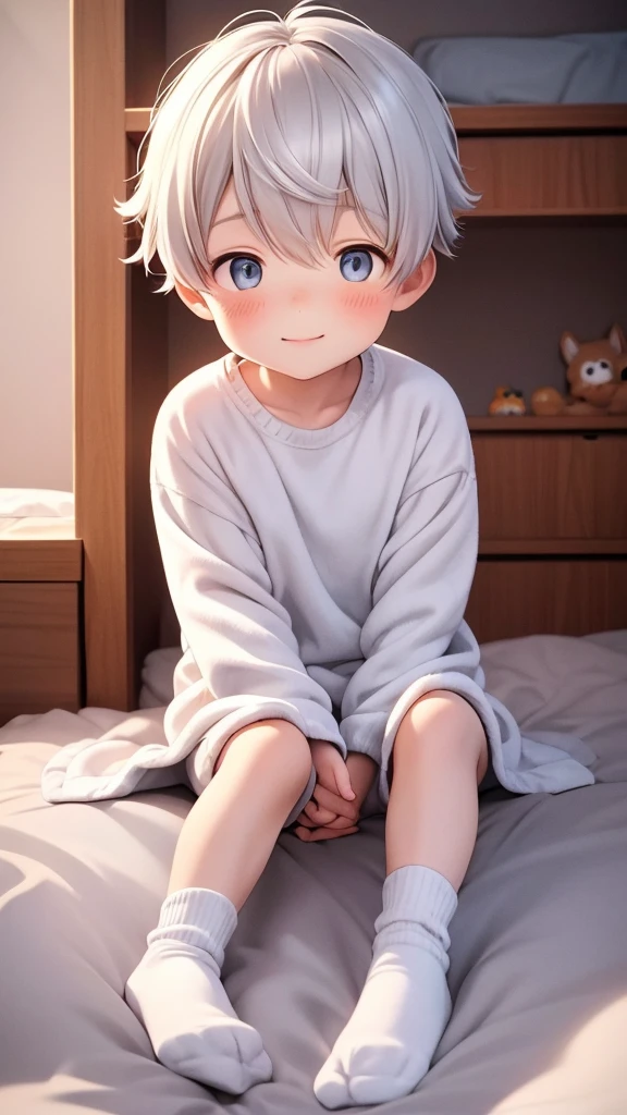 8 year old boy sitting on the floor with his legs crossed and with cute socks with children's drawings his room is so cute and full of sparkles He has fluffy white hair He is wearing cute animal pajamas He's also wearing a cute animal paw