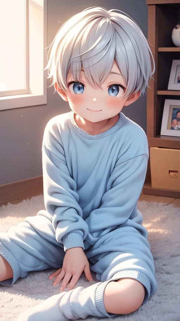8 year old boy sitting on the floor with his legs crossed and with cute socks with children's drawings his room is so cute and full of sparkles He has fluffy white hair He is wearing cute animal pajamas He's also wearing a cute animal paw