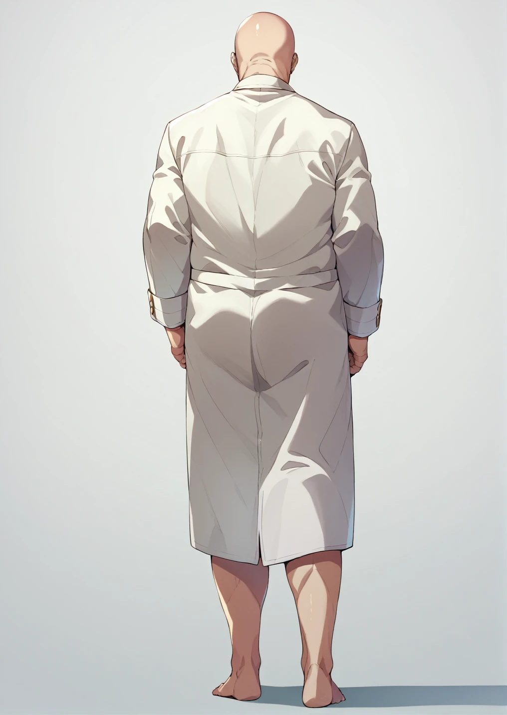 Back view、Man in white coat、Ultra-detailed illustrations、Ultra-precise expression、masterpiece、Highest quality、ultra High resolution、High resolution、Hiromitsu Takeda Style、White background、Simple Background、Bald man、whole body、barefoot、