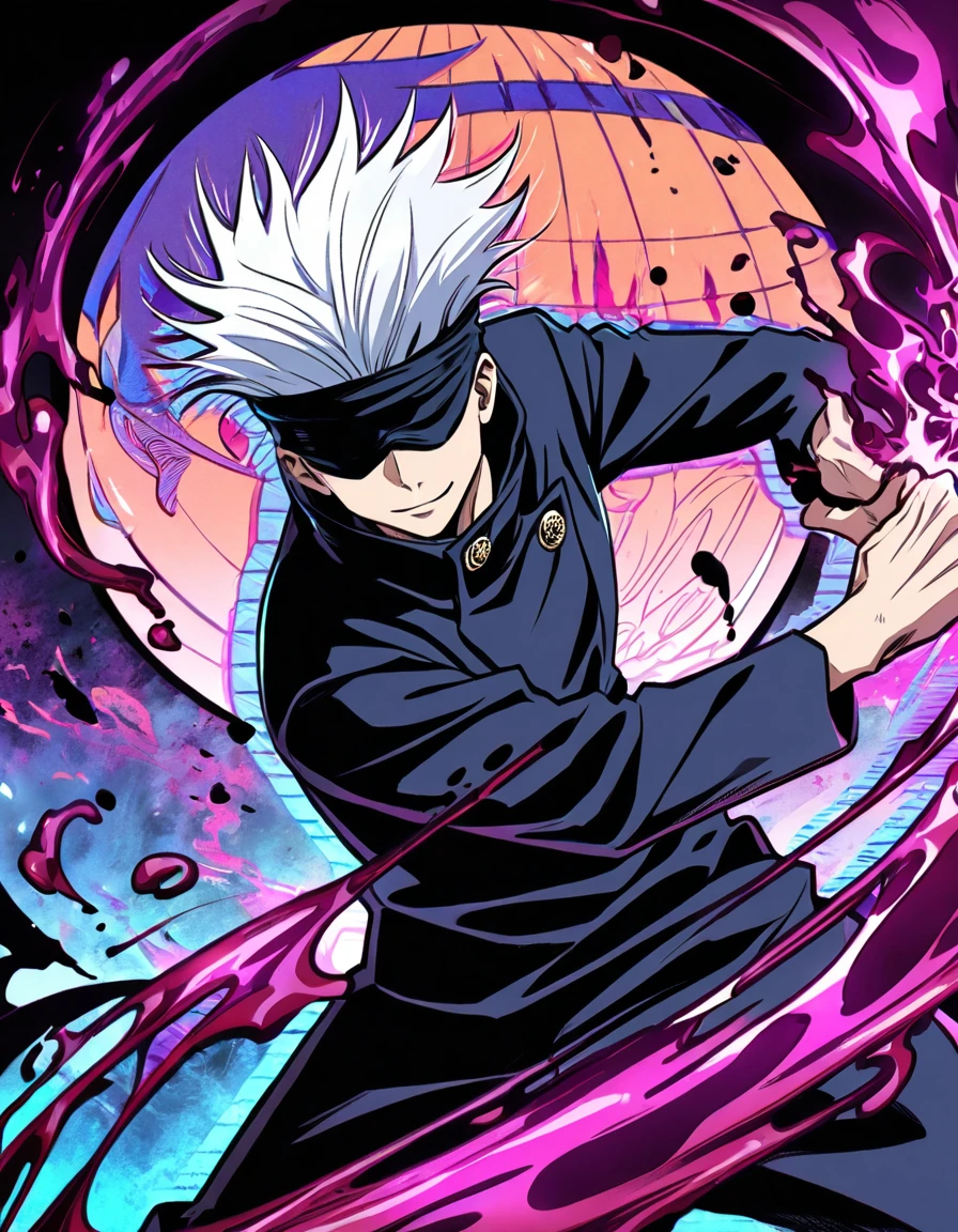 absurdres, highres, ultra detailed, HDR, master piece, Gojou Satoru, white hair, blindfolded eyes, black shirt, Jujutsu Kaisen, man, handsome, best quality, blue moon, magical, solo, water Jujutsu Kaisen uniform, handsome smile, purple aura, fight pose, dynamic positon, bloodshed background, jujutsu kaisen anime style, hd quality, high pixels, high graphics