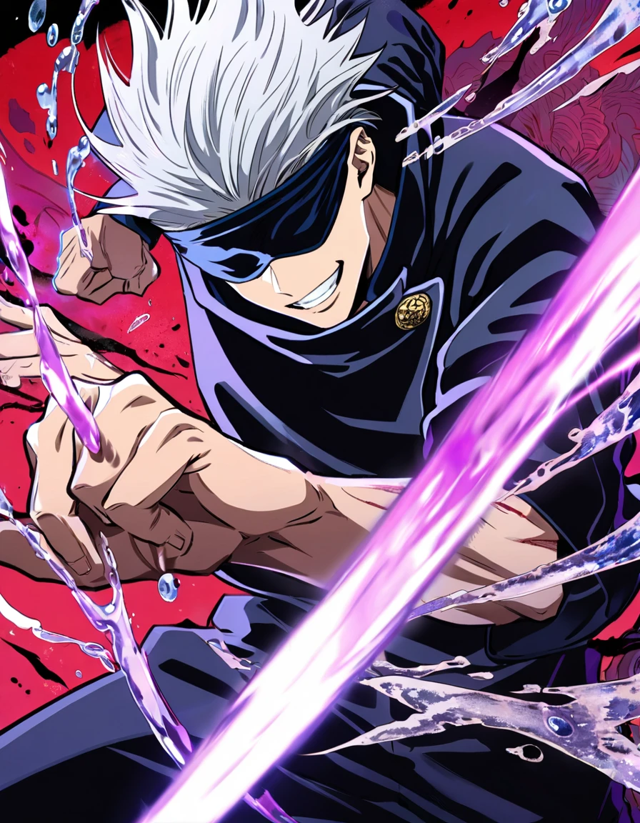absurdres, highres, ultra detailed, HDR, master piece, Gojou Satoru, white hair, blindfolded eyes, black shirt, Jujutsu Kaisen, man, handsome, best quality, blue moon, magical, solo, water Jujutsu Kaisen uniform, handsome smile, purple aura, fight pose, dynamic positon, bloodshed background, jujutsu kaisen anime style, hd quality, high pixels, high graphics