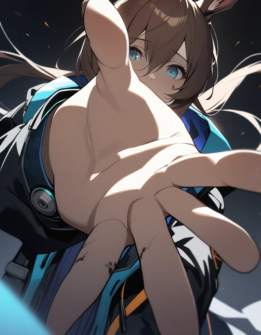 1girl, amiya \(arknights\), arknights, dirty face, outstretched hand, close-up, cinematic angle, foreshortening, dark, dark background, masterpiece, best quality