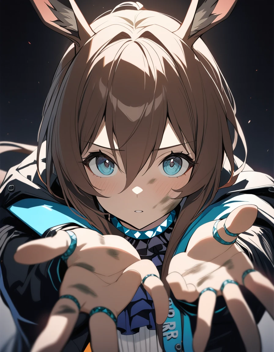 1girl, amiya \(arknights\), arknights, dirty face, outstretched hand, close-up, cinematic angle, foreshortening, dark, dark background, masterpiece, best quality