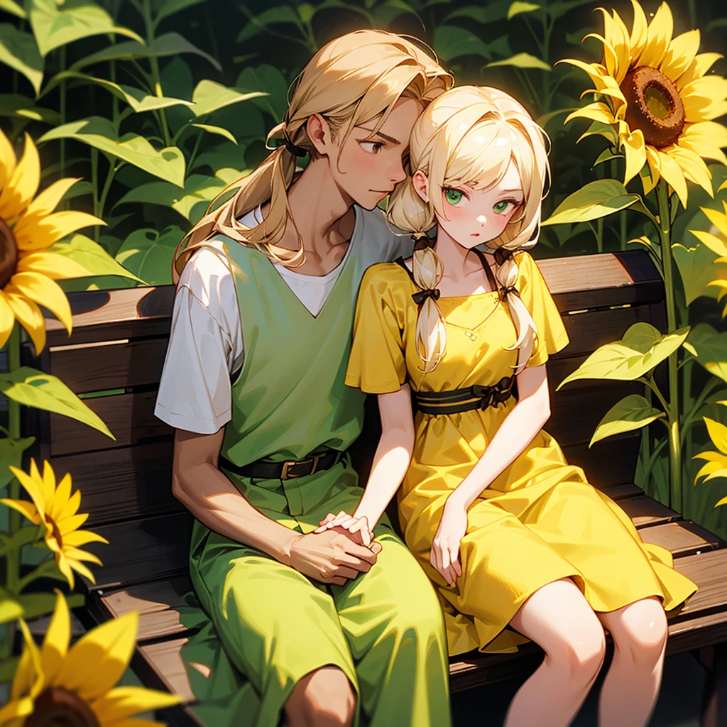 A 19-year-old girl sitting on a wooden bench. She is blonde with green eyes and has peach lips. Wears a swirly yellow dress. Her blonde hair is styled in pigtails. In her hands, she holds a sunflower. Beside him is a young man Long-haired and brown. He looks serious and calm, his gaze is lost on her.