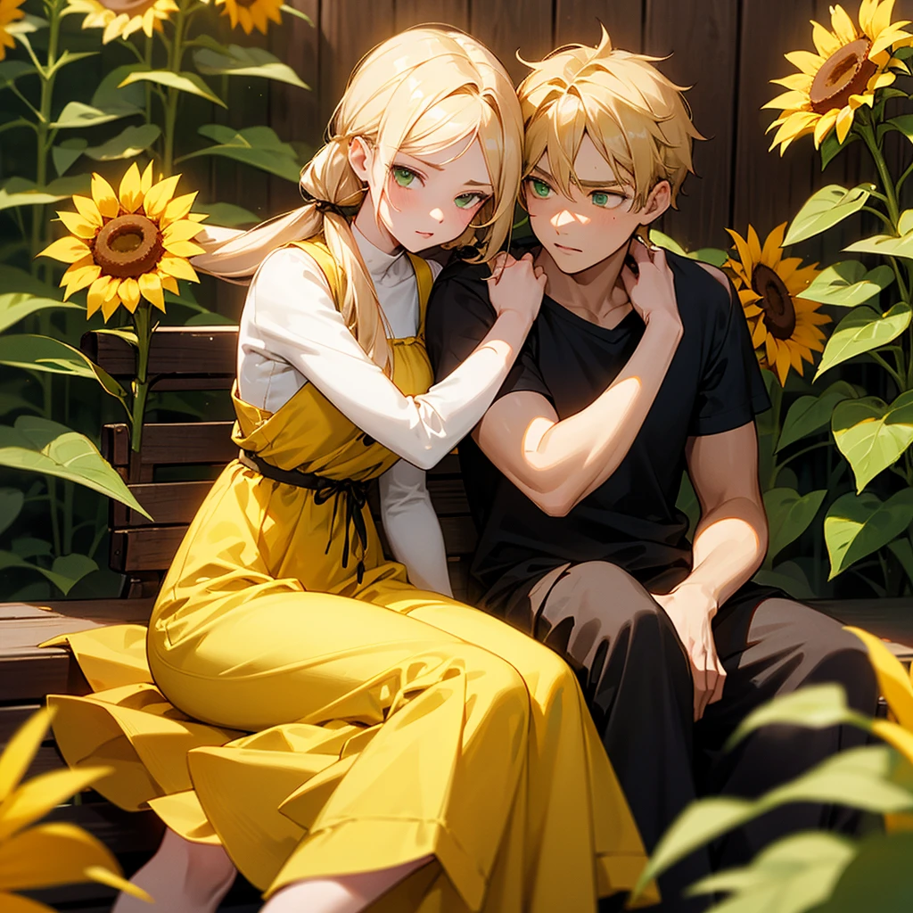 A 19-year-old girl sitting on a wooden bench. She is blonde with green eyes and has peach lips. Wears a swirly yellow dress. Her blonde hair is styled in pigtails. In her hands, she holds a sunflower. Beside him is a young man Long-haired and brown. He looks serious and calm, his gaze is lost on her. 