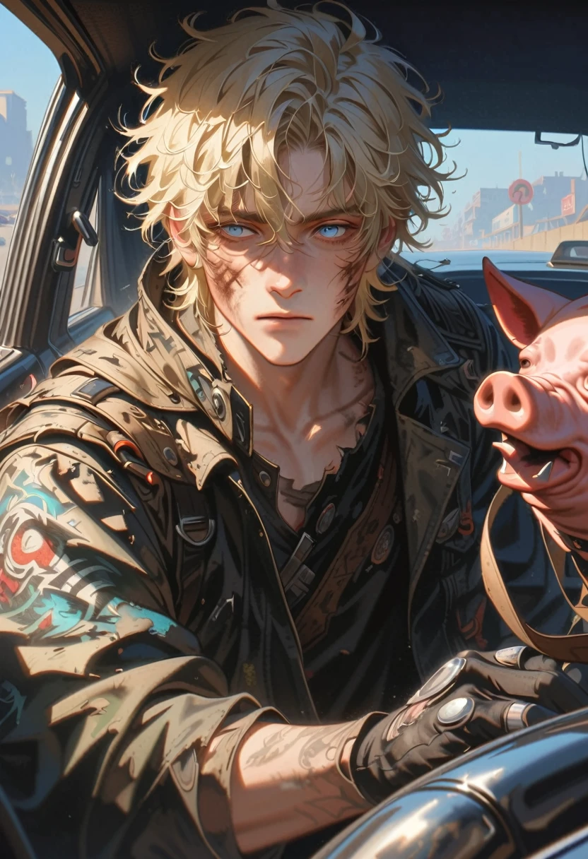 style 9, a man with messy blonde hair, a big burn on the left side of his face, tired blue eyes, wearing old apocalyptic clothes, gloves, a pig mask, rummaging through an old wrecked car